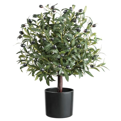 25" Tall Artificial Olive Topiary Ball Tree with Leaves and Fruits, Olive Boxwood Topiary Ball Potted Bushes UV Resistant Potted Plants for Indoor Outdoor Home Garden - color: Green-1pcs