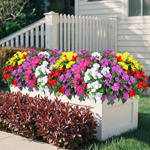 Ouddy Decor 6 Bundles Artificial Impatiens Flowers for Outdoors Decoration, Silk Flowers Bouquet Fake Plants UV Resistant for Spring Summer Garden Porch Window Box Balcony Home Decor, Multicolor - color: Multi Color