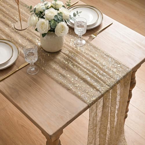 Artoid Mode Coffee Gold Gauze Table Runner 120 Inch 10FT, Glitter Metallic Foil Sheer Dining Wedding Anniversary Holiday Birthday Table Decor for Home Party - color: Coffee, size: 28" x 120"