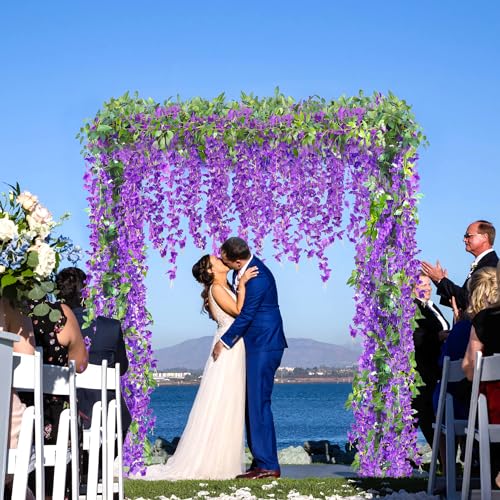 Sggvecsy 6Pcs Wisteria Garland Artificial Flowers Garland Fake Hanging Wisteria Vines Rattan Silk Hanging Flower Vines for Home Garden Outdoor Wedding Arch Party Ceremony Total 35.4Ft (Purple) - color: Purple