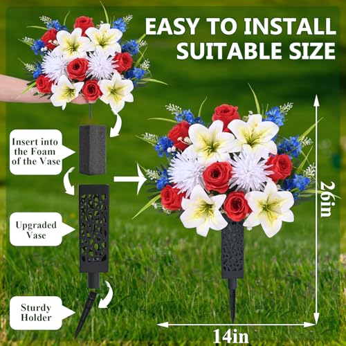 MARTINE MALL 2 Sets Artificial Cemetery Flowers for Grave, Artificial Grave Flowers Memorial Day Flowers for Cemetery Red White Blue Rose Lily Flowers with Vase for Cemetery Grave Decoration