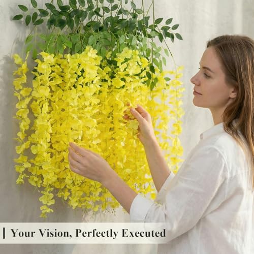 U'Artlines 24 Pack (Total 86.4 Feet) Artificial Fake Wisteria Vine Rattan Hanging Garland Silk Flowers String Home Party Wedding Decor (24,Yellow) - color: Yellow