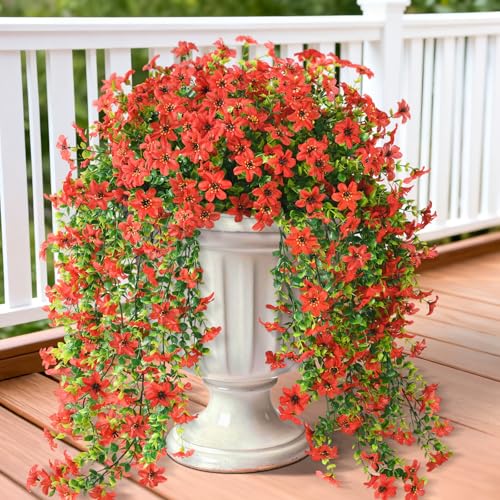 ZFProcess Artificial Hanging Flowers for Outdoors, 2 Pcs Fake Hanging Plant Spring Summer Decor, UV Resistant No Fade Realistic Faux Flower for Front Door Porch Planter Patio Garden Yard (Red) - color: Red