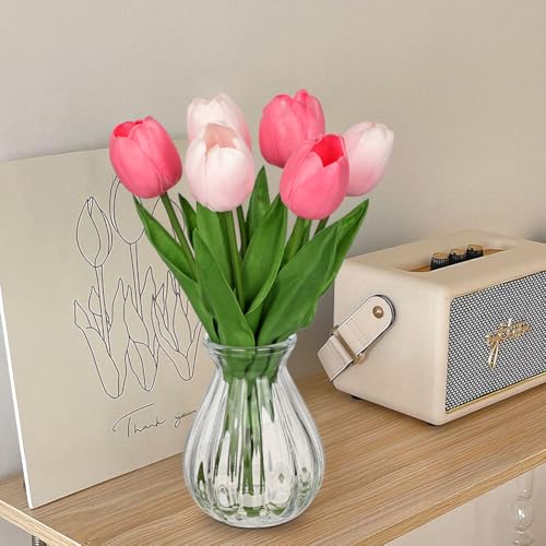 Artificial Tulips Flowers Floral Arrangement - 6 Pcs Faux Flowers in Clear Glass Vase with Faux Water 12.5" Pink & White Ombre Fake Tulip Bouquet Centerpiece for Dining Table Home Wedding Office Decor - color: A-pink&white