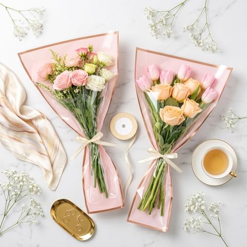 DIYASY 50 Pcs Flower Wrapping Bags for Bouquets, Pink Floral Packing Sleeves with Ribbons Florist Wrap Supplies for Wedding Mother's Day Graduation Gift - color: Pink