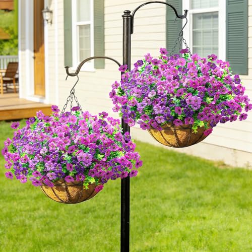 2 Pack Artificial Hanging Flower Baskets for Outdoors, UV Resistant Faux Hanging Plants, 24 Pcs Fake Silk Flowers for Patio Garden Front Porch Balcony Decor, Purple Lotus - color: Purple Lotus