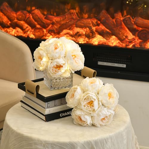 Artificial Peony Silk Flower Centerpieces with LED Light Faux Floral Arrangement in Glass Vase for Home Wedding Table Decoration (Cream White) - color: Light-cream White