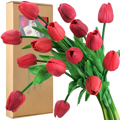 FiveSeasonStuff Real Touch Tulips Artificial Flowers – 15 Stems Faux Tulip Bouquet in Gift Box for Wedding, Home Decor, Party, Floral Arrangements (Currant Red) - color: #8 Currant Red