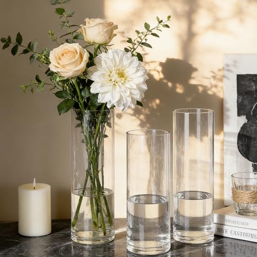 Flower Vase Acrylic Cylinder,Set of 3 Pcs, Clear Vase for Centerpieces,Wedding Decorative,Home Décor, Non Breakable Plastic, 7.86"+9.84"+11.8" Tall Round - Clear - size: Set of 3 - 3.94"x7.86", 3.94"x9.84", 3.94"x11.8"