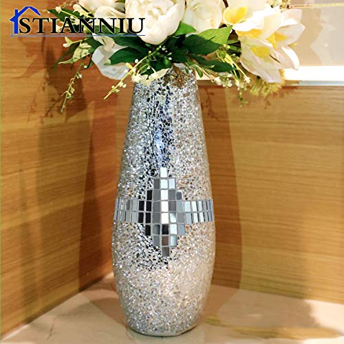 Decorative Shine Vase Stunning Handmade Mosaic Crackle Glass House Decor Table Centerpieces Modern Room Decoration (Silver) | Decorative shine Vase ，Stunning Handmade ，Modern Room Decoration vase
