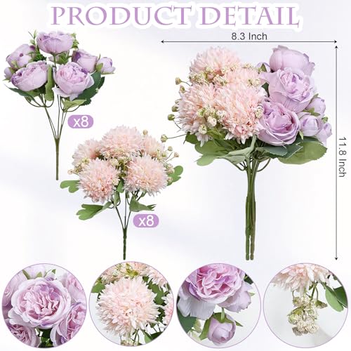 16 Bundles Artificial Flowers Peonies, Lavender and Pink Silk Faux Peony Floral Arrangements Fake Peonies Bundles for DIY Bouquet for Vase Centerpiece Home Wedding Party Centerpiece - color: Lavender & Pink