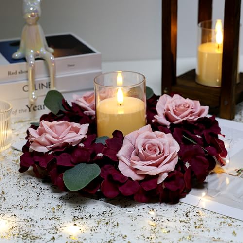 Artificial Flower Candle Rings - 6 Inch Inner Rose Floral Wreaths for Wedding Bridal Event Table Centerpieces Backdrop Decorations (Burgundy & Dusty Pink, 6 X Candle Rings) - color: Burgundy & Dusty Pink, size: 6 X Floral Wreaths