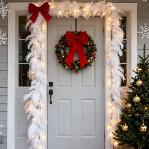 2 Pcs 12 Ft Christmas Tree Garland Decoration White Pampas Grass Garland Artificial Faux Fabric Feathers Wreath for Mantle Xmas Tree Home Farmhouse Christmas Holiday Party Supplies - color: White, size: 12 Ft