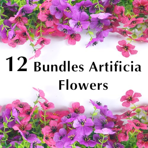 Artificial Flowers for Outdoors, 12 Bundles Outdoor Faux Plants,Uv Resistant Artificial Fake Flowers Plants, Realistic Spring Decor for Porch, Patio, Yard (LightRedPurple) - color: Lightredpurple