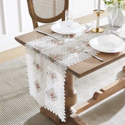 LINENZONE White Farmhouse Table Runner with Flower Design. 72 Inch Dining Table Runner for Holiday or Wedding. (Viola 16 x 72, White) - color: White, size: 72" x 16" (Rectangular)