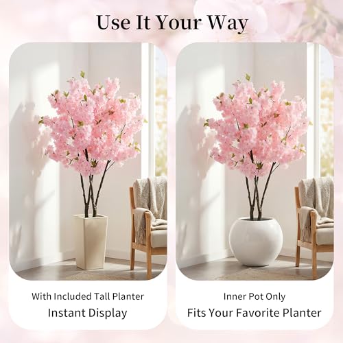 BLOSMON Cherry Blossom Tree for Porch: 5ft Pink Fake Flowers Artificial Tree with Tall Planter for Outdoor Decorations - Faux Sakura Plants for Indoor Home Living Room - color: Pink Cherry Blossom