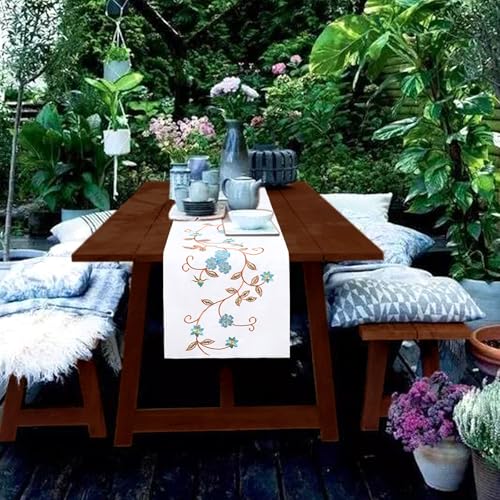 Double Thickness Rustic Embroidered Floral Table Runners for Spring and Summer, Dresser Scarf (Teal, 14 × 35 Inch) - color: Teal, size: 14 × 35 Inch