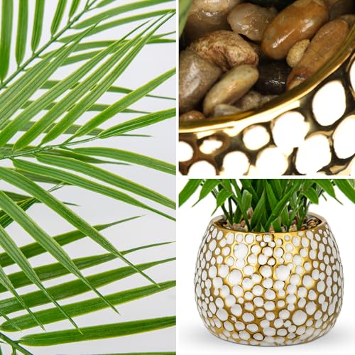 Briful Fake Plants 15'' Faux Palm Plant in Gold-White Pot | Realistic Tropical Artificial Plants Indoor for Home Farmhouse Mini Palm Tree Centerpieces for Tables Outdoors Kitchen Top Decor - color: 15'' Tall White and Gold
