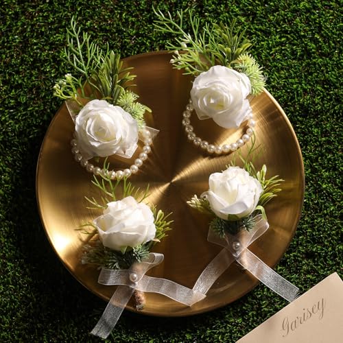 Garisey Artificial Flowers White Rose Wrist Flowers and Men's Corsage Wedding Flowers Ceremony Prom Flower (2 Boutonniere & 2 Wrist Corsage White) - color: 2 Boutonniere & 2 Wrist Corsage White
