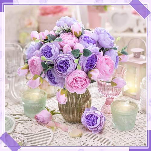 Yunsailing 8 Pack Artificial Peony Flowers Faux Silk Hydrangea Bouquet Wedding Home Table Decor Reusable Bouquet of Rose Flower for Birthday Wedding(Pink Purple) - color: Pink Purple, style: Peony