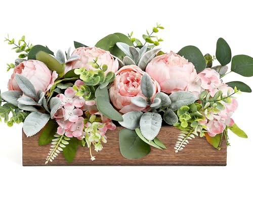 Pink Floral Centerpieces for Table, Pre-Made Artificial Peonies Hydrangea Centerpieces for Dining Table Wood Fake Flower Decorations for Wedding Living Room Party Bar Kitchen Table - color: Pink