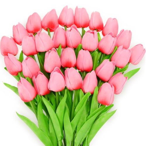 Lyrow 30 Pcs Tulips Artificial Bouquet Flowers Faux Tulips for Home Kitchen Wedding Decorations,Gift Idea for Easter Decor Mother's Day Birthdays(Plum Pink) - color: Plum Pink