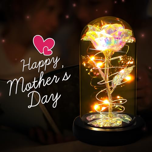 Childom Mothers Day Flowers Gifts for Mom Grandma,Birthday Gifts for Women,Valentines Gifts for Her,Mom,Women,Wife,Grandma,Light Up Rose in Glass Dome,Colorful Rainbow Mothers Day Flowers for Delivery - color: Rainbow Medium