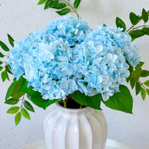 5 Pcs Hydrangea Artificial Flowers, Faux Silk Hydrangea with Stems, Fake Flowers for Wedding Bouquet Kitchen Home Office Party Tables Vase Outdoor Decor (Light Blue, 18.5 Inches) - color: Light-blue
