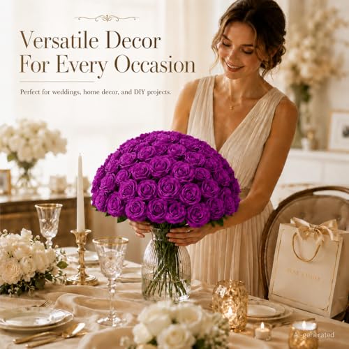 50 PCS Purple Roses Artificial Flowers, Fake Purple Roses, Purple Artificial Roses with Stems for DIY Wedding Flowers Decoration, Valentines Roses, Wedding Decoration - color: Purple, size: 50 Pcs