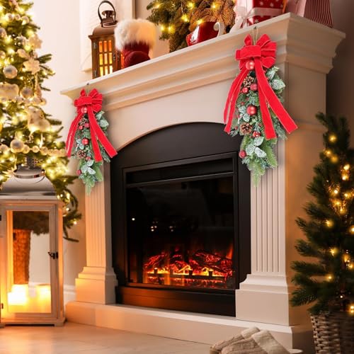 2 PCS 24" Artificial Christmas Teardrop Swag Norfolk Pine Teardrop Door Swag Xmas Cedar Swags Wreath with Berry Pinecone for Front Door Winter Cabinet Mantle Fireplace Wall Indoor Outdoor Home Decor - color: Xmas Red Ball