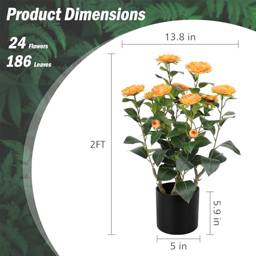 Romantic Season 2FT Orange Artificial Camellia Tree 2Pack, Faux Camellia Plant Fake Potted Camellia Flower Tree for Modern Home Office Living Room Floor Décor - color: Orange, size: 2FT