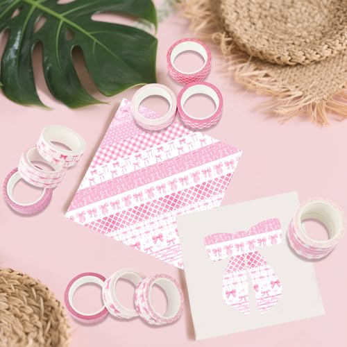 12 Rolls Pink Bow Washi Tape, Bowknot Plaid Adhesive Masking Tapes Decorative Pink Coquette Paper Tape for Scrapbook Journal Planners DIY Art Crafts Gift Wrapping 16.4FT - color: R