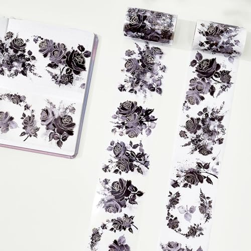 WT Rose Noir Wide Washi Tape Gilded, Single Roll, Original Designs, Black Flower Gold Foil Decors, Journal Scrapbook Bujo Planner DIY Crafts Supplies Gifts, Vintage Floral Adhesive Tape - color: Rose Noir Wide Washi Tape (Gilded)