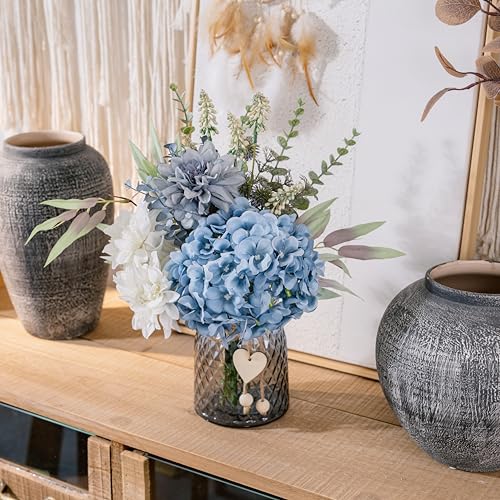 LUEUR Fake Flowers with Vase, Hydrangea Artificial Flowers in Vase Faux Flowers Arrangement Suitable for Home Kitchen Living Room Fall Spring Decor Office Decoration, Centerpiece Table Decorations - color: Blue-hydrangea