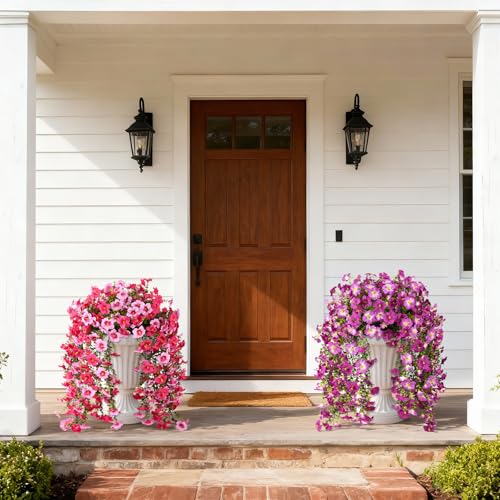 Artificial Hanging Flowers Plants for Outdoor Spring Summer Decoration, 2PCS Faux Silk Morning glory UV Resistant Look Real for Outside Home Indoor Planter Porch Garden Yard Decor(Rose Red Pink) - color: Rose Red Pink