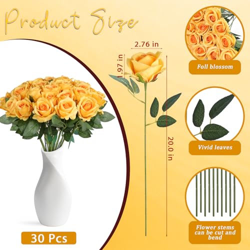 30pcs Fake Roses Artificial Silk Flowers Long Stems Bouquet for Wedding Bridal Shower Party Home Decoration (Gradient Yellow) - color: Gradient Yellow