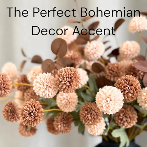 22pcs Artificial Beige & Brown Kiku Flowers with Eucalyptus Stems Bulk, Faux Silk Mum Pom Poms for Vase, Modern Farmhouse Boho Home Decor, Realistic Floral Centerpiece for Kitchen & Living Room - color: Beige & Brown