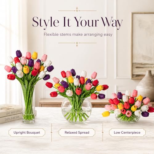 MACTING 30PCS Artificial Tulip Flowers 13.7" Fake Flowers Real Touch Faux PU Tulips Bouquet for Floral Arrangement Table Centerpieces Home Indoor Summer Mothers Day Decorations,Multi Colors-2 - color: Mix Color2