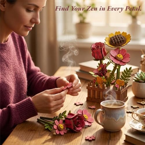 3D Wooden Flower Puzzle for Adults, Wooden Wildflower Bouquet Model Building Kit, DIY Artificial Floral Stem for Home Decor, Unique Birthday for Women, Mom & Teens