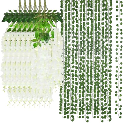 Suncalla 48 Pack Wisteria Hanging Flowers and Ivy Vine Garland Set 24 Artificial Silk Wisteria Vines 24 Fake Greenery Leaves for Wedding Arch Party Baby Shower Home Room Wall Forest Garden Decoration