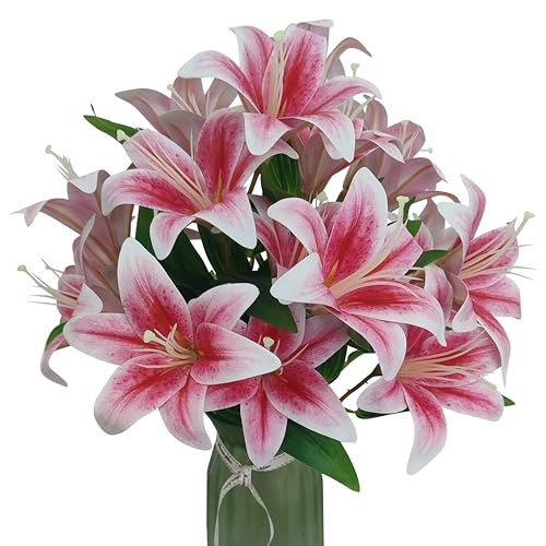 Artificial Lilies Flowers,10Pcs Faux Lily Flower,20''Tiger Lily Branch with 2 Full Blooms, Faux Fake Lilies Plants for Wedding Bouquet Home Party Indoor Floral Arrangements (10, hot Pink) - color: Hot Pink