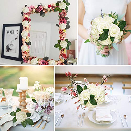 AmyHomie Artificial Flower Ivory Rose 25pcs Real Looking Fake Roses w/Stem for DIY Wedding Bouquets Centerpieces Arrangements Party Baby Shower Valentines Day Christmas Tree Decorations - color: Ivory