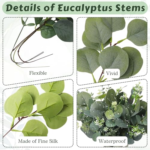 Eucalyptus Leaves Stems 150 PCS, 4 Kinds Mixed Artificial Greenery Stems for Wedding Decor Vase Floral Arrangement Centerpiece