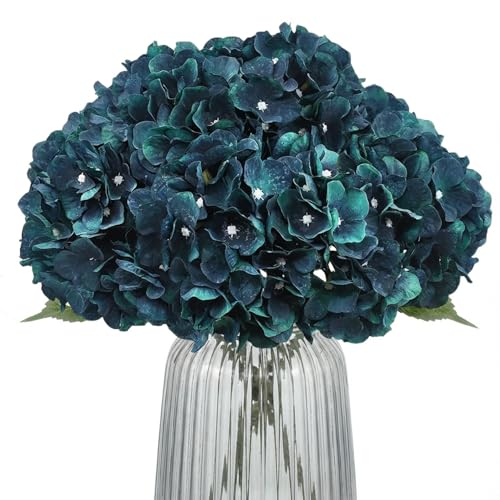 2Bouquets Artificial Fake Flowers Plants Silk Hydrangea Arrangements Wedding Bouquets Decorations Plastic Floral Home Kitchen Garden Party Festival Bar DIY((Dark Peacock Blue) - color: Dark Peacock Dlue