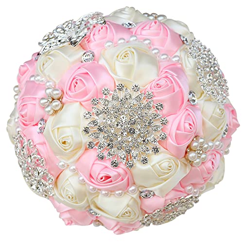 Sharebeauty 7.9 Inch Handmade Satin Rose Bridal Bouquet Toss Round Wedding Bouquet Throw Toss Artificial Flower Bunch Pink + Ivory - color: W3217d15 Pink/Ivory