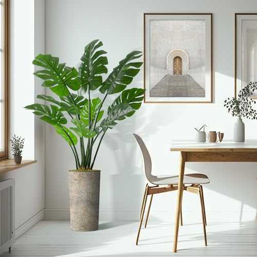 Artificial Tree in Off-White Texture Planter, Fake Monstera Silk Tree for Indoor and Outdoor Home Decoration - 65" Overall Tall (Plant Pot Plus Tree) - style: Monstera Plant