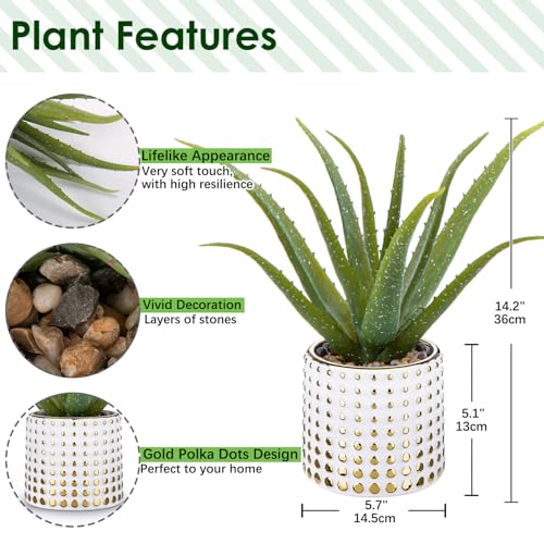 GnFlus Artificial Succulent Aloe Plants 14.2 Inch Large Faux Succulents with Ceramic Pot Fake Aloe Potted Plant for Home Indoor Bathroom Table Bedroom Shelf Office Decor - color: Gold-15"
