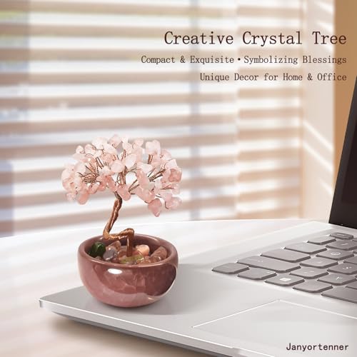Rose Quartz Crystal Tree,Romantic Office Desk Bedroom Decor,Handmade Copper Wire in Crackle Ceramic Base,Spiritual Gift for Her - color: 1-blossom Bliss