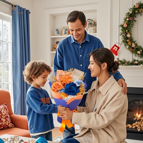 TINGE TIME Preserved Flowers Bouquet, Orange & Navy Blue Roses Gift Bouquet, Eternal Roses Bouquet for Wedding, Table Centerpieces, Mothers Day, Birthday Gifts, Anniversary, Graduation - color: Brunt Orange&Royal Blue