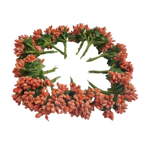 144pcs Artificial Mini Orange Flower Stamen Pistil and Soft Stem,20mm Tiny Berry for DIY Make Bridal Hair Clips,Cake Top,Wrist Corsage Boutonniere,Candle Rings Wreath Bracelet Flower - color: Orange
